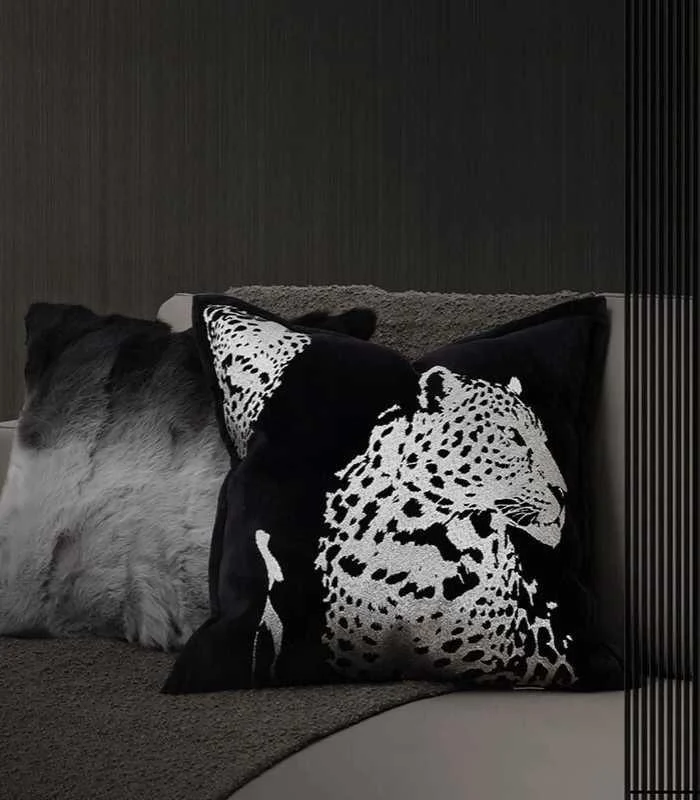 Cushion Cover Velvet Leopard Embroidery Black -  - #tag1#