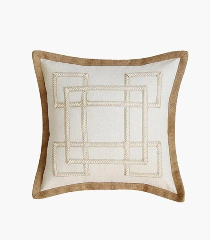 Cushion Cover with Geometric Embroidery Jute Heming 50cm Cotton and Linen -  - #tag1#