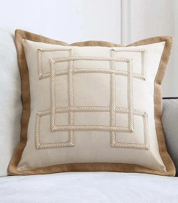 Cushion Cover with Geometric Embroidery Jute Heming 50cm Cotton and Linen -  - #tag1#