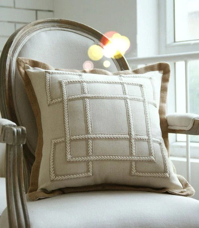 Cushion Cover with Geometric Embroidery Jute Heming 50cm Cotton and Linen -  - #tag1#