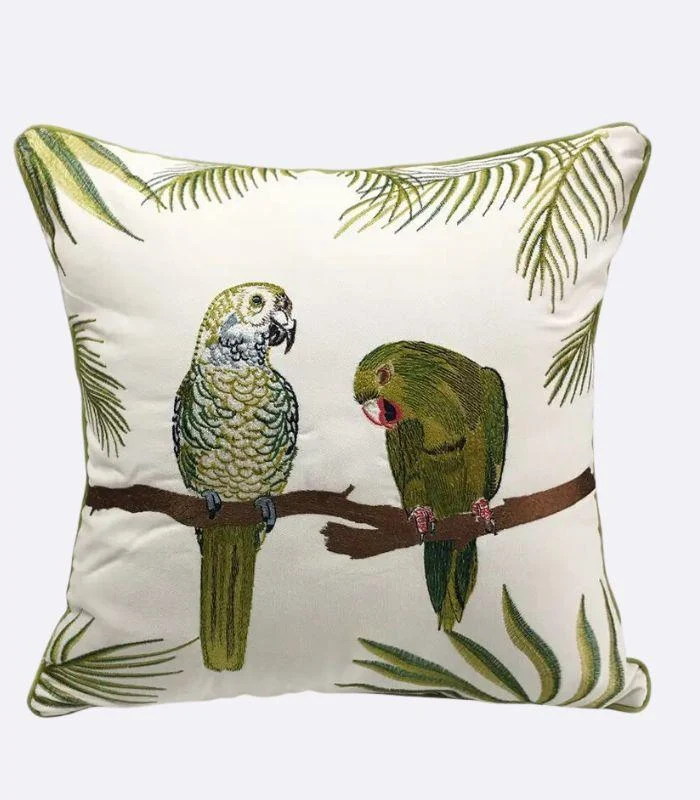 Cushion Cover with Parrots Embroidery Green & White 45x45cm -  - #tag1#