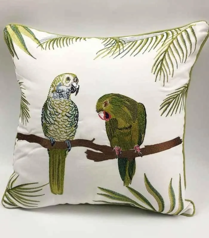 Cushion Cover with Parrots Embroidery Green & White 45x45cm -  - #tag1#