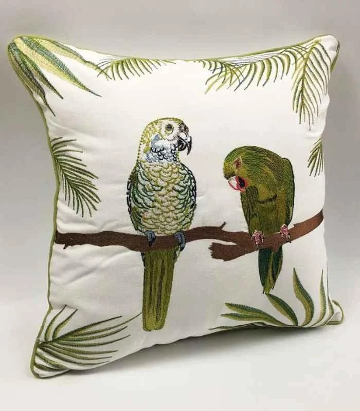 Cushion Cover with Parrots Embroidery Green & White 45x45cm -  - #tag1#