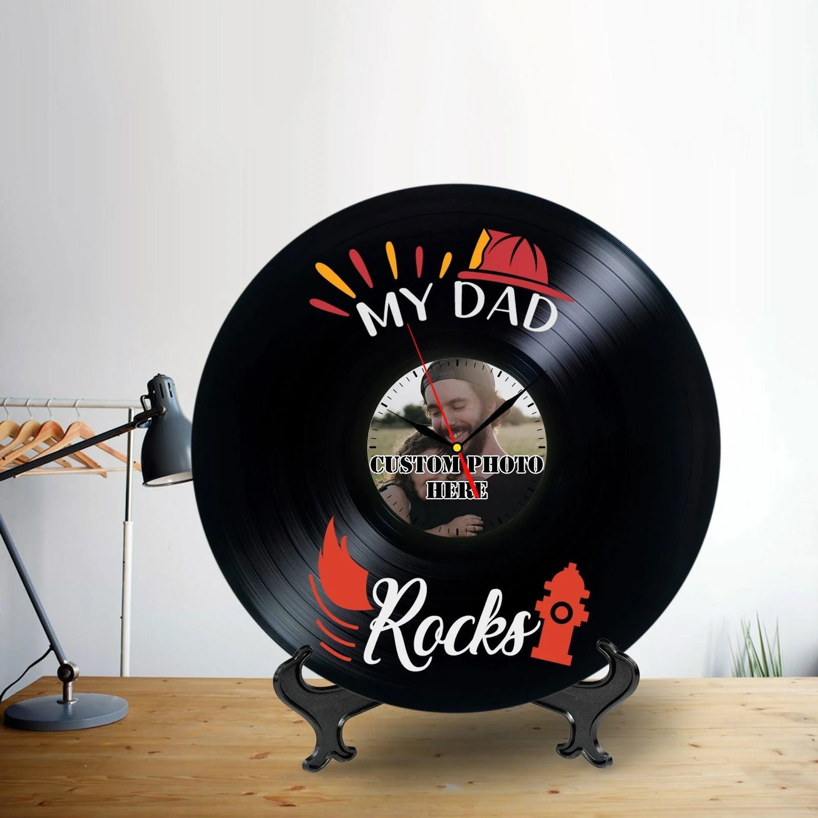 Custom Photo Lp Record Clock Gift for Firefighter Dad -