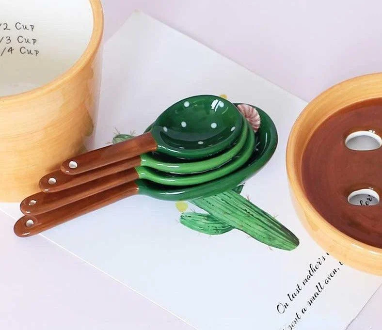 Cute Ceramic Cactus Measuring Spoons In Pot -