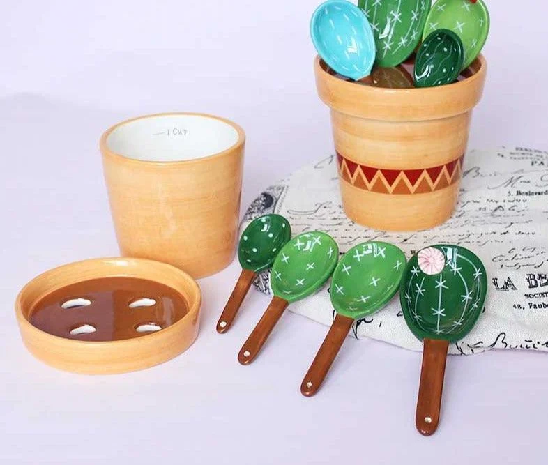 Cute Ceramic Cactus Measuring Spoons In Pot -