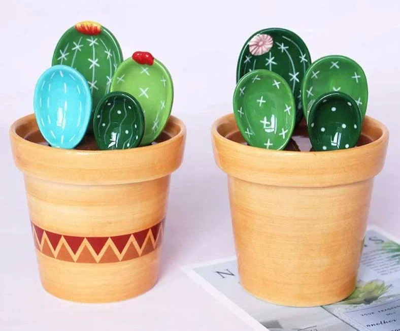 Cute Ceramic Cactus Measuring Spoons In Pot -