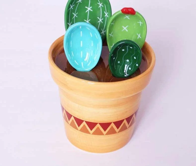 Cute Ceramic Cactus Measuring Spoons In Pot -