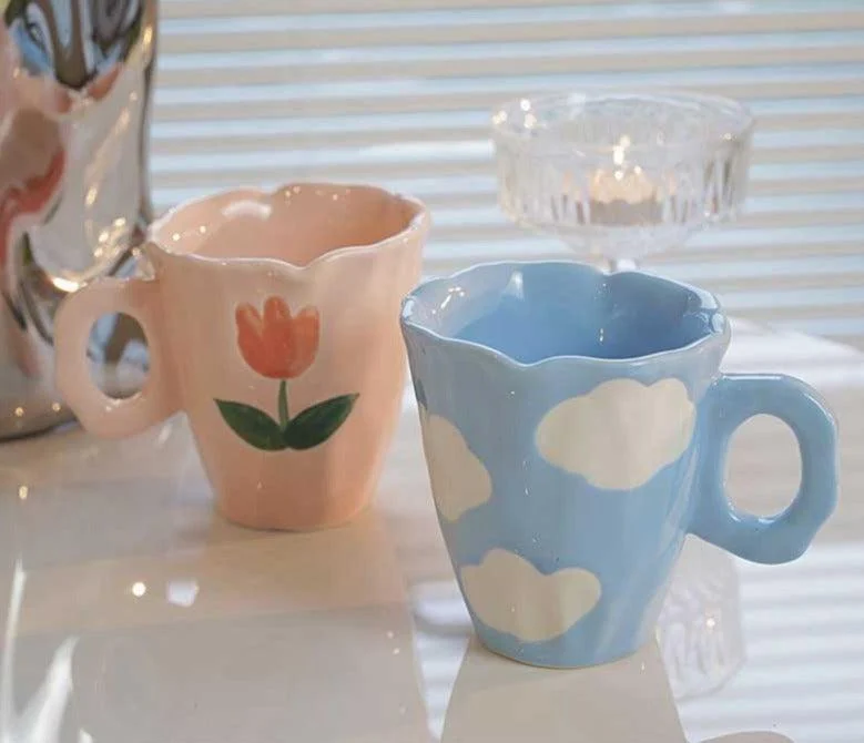 Cute Cloud Bear Tulip Orange Checkered Aesthetic Mugs -