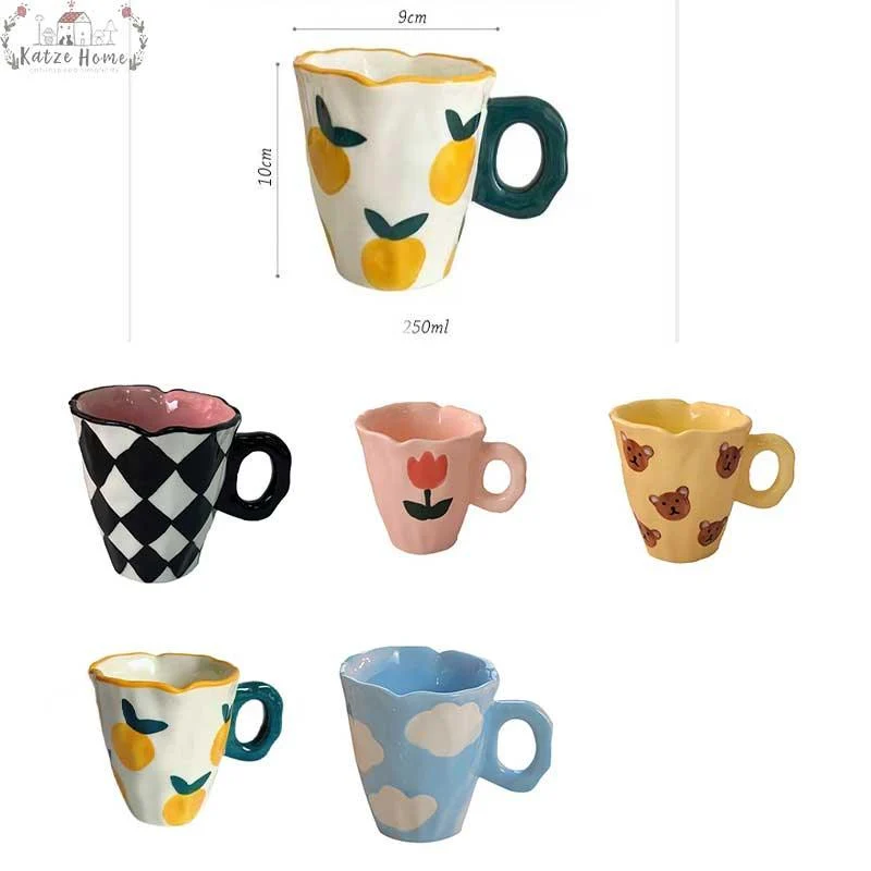 Cute Cloud Bear Tulip Orange Checkered Aesthetic Mugs -