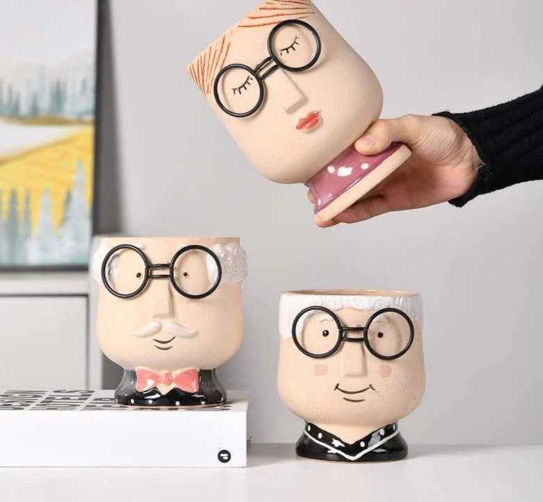 Cute Grandparent Ceramic Face Vase with Glasses -