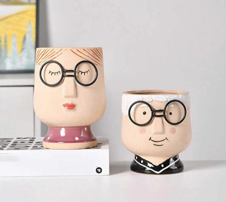 Cute Grandparent Ceramic Face Vase with Glasses -