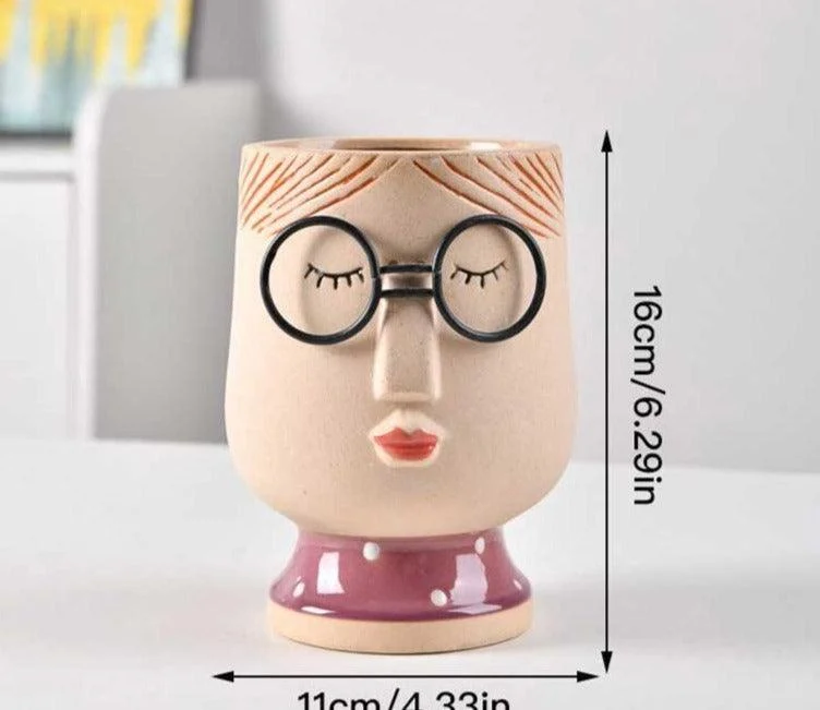 Cute Grandparent Ceramic Face Vase with Glasses -