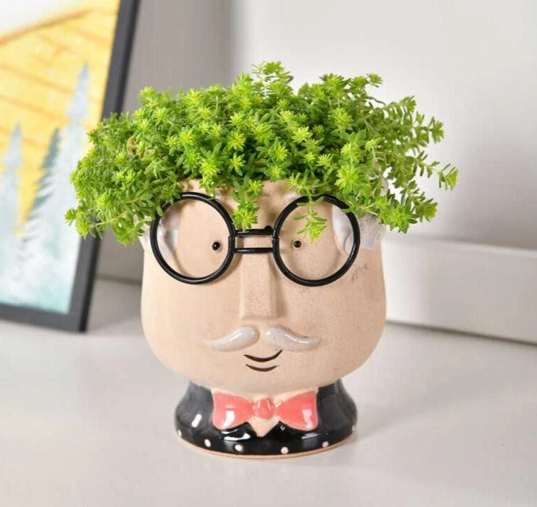 Cute Grandparent Ceramic Face Vase with Glasses -