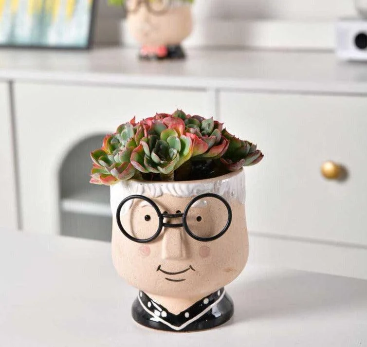 Cute Grandparent Ceramic Face Vase with Glasses -