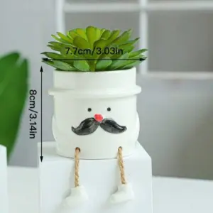 Cute Smiling Ceramic Face Planter Pot with Rope Legs - 