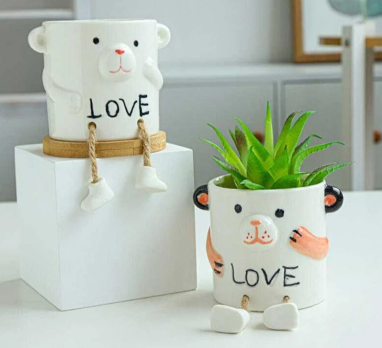Cute Smiling Ceramic Face Planter Pot with Rope Legs -