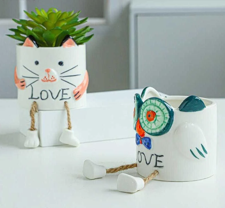 Cute Smiling Ceramic Face Planter Pot with Rope Legs -