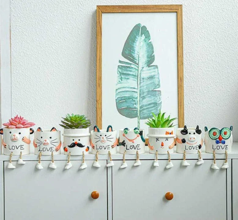 Cute Smiling Ceramic Face Planter Pot with Rope Legs -