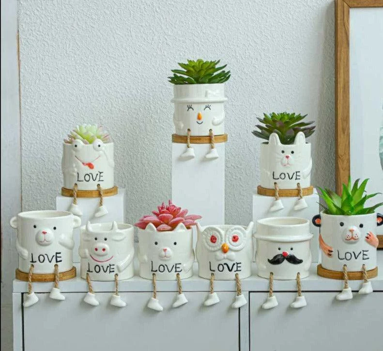 Cute Smiling Ceramic Face Planter Pot with Rope Legs -