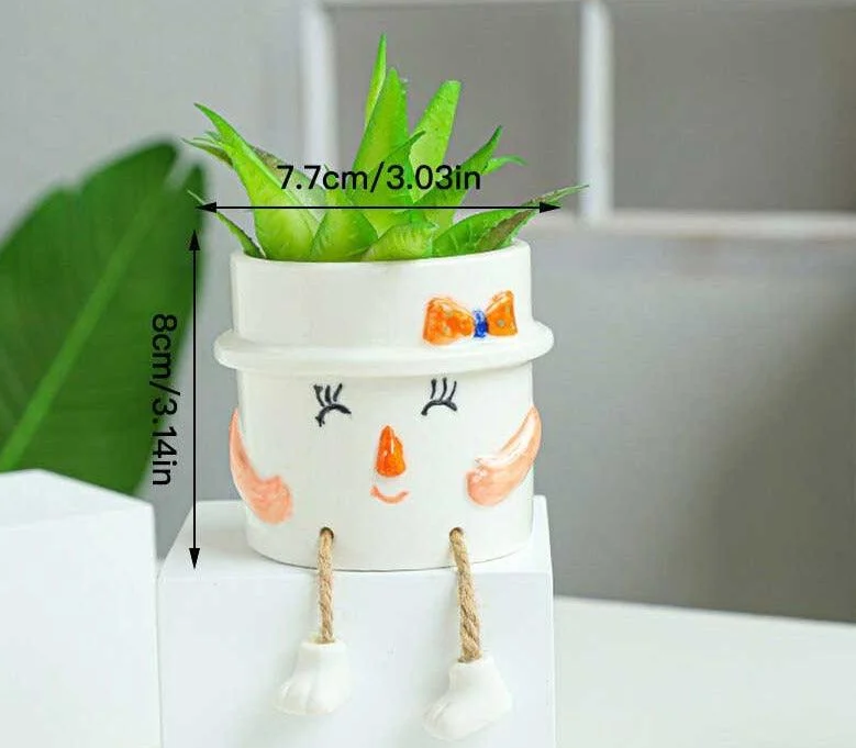 Cute Smiling Ceramic Face Planter Pot with Rope Legs -