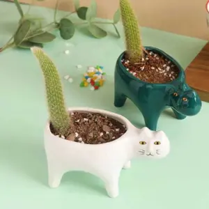 Cute Succulent Cactus Ceramic Cat Vase Planter Pot - 