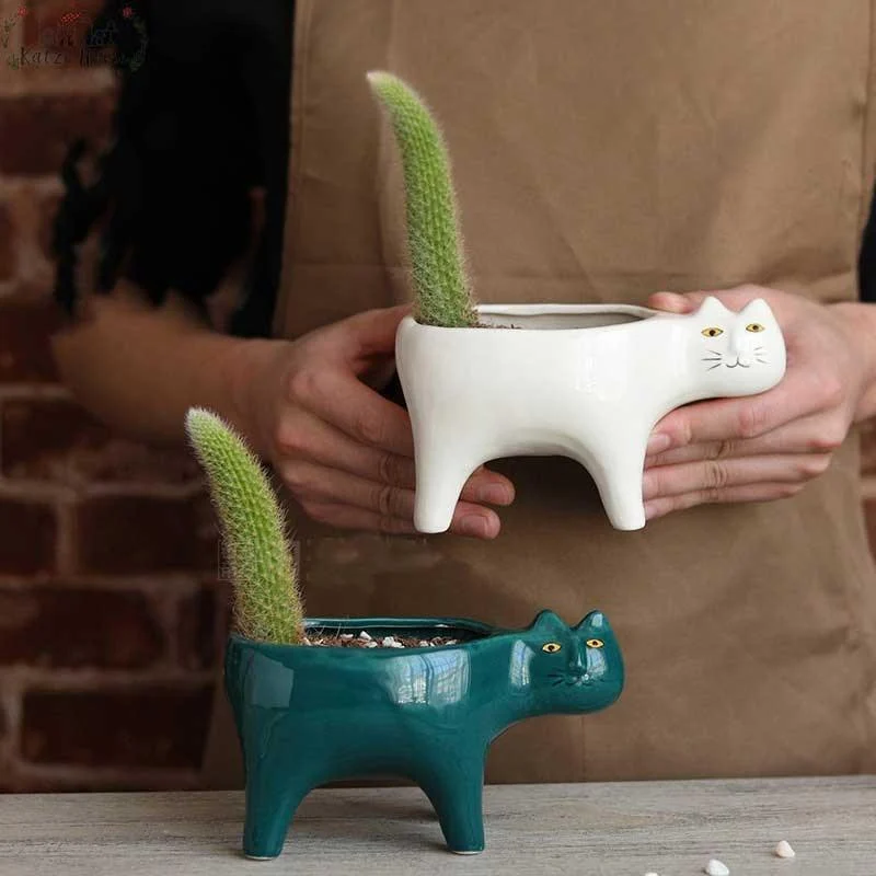 Cute Succulent Cactus Ceramic Cat Vase Planter Pot -