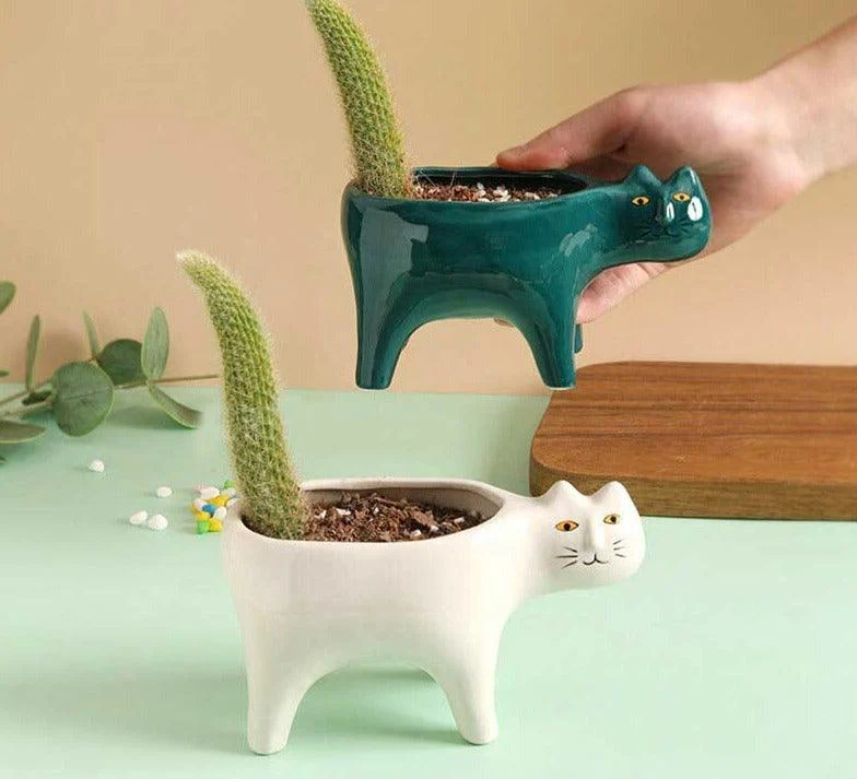 Cute Succulent Cactus Ceramic Cat Vase Planter Pot -