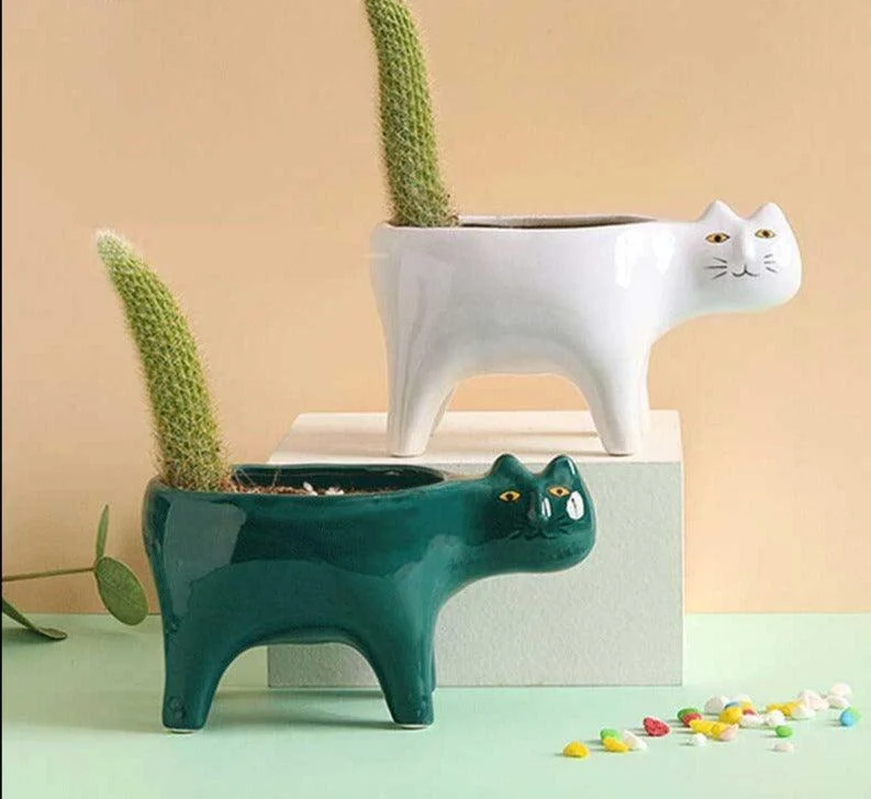 Cute Succulent Cactus Ceramic Cat Vase Planter Pot -