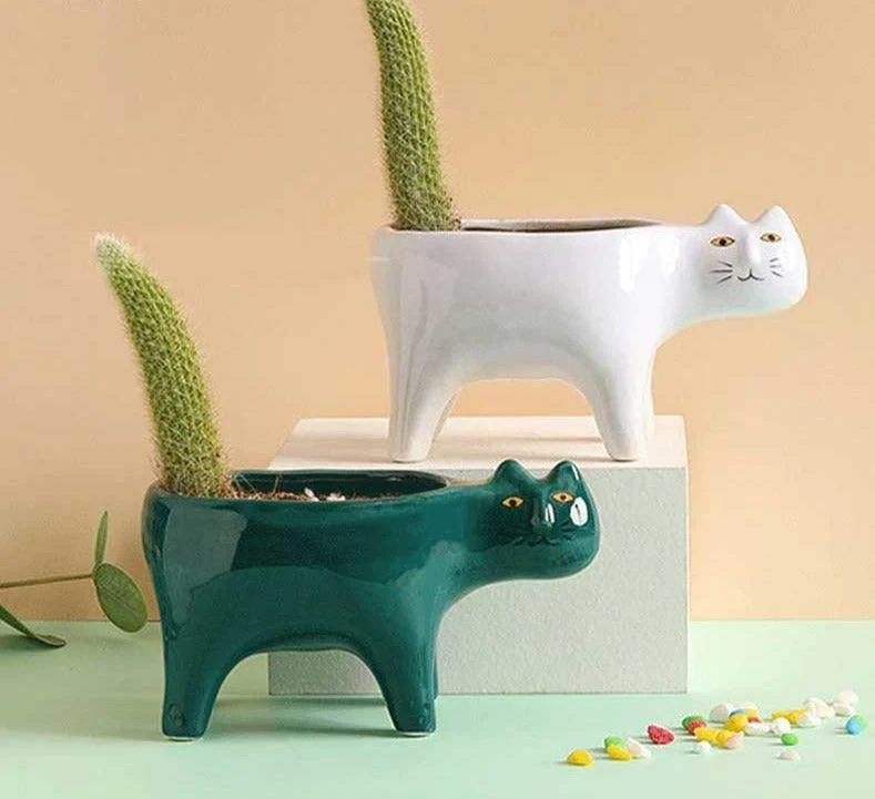 Cute Succulent Cactus Ceramic Cat Vase Planter Pot -