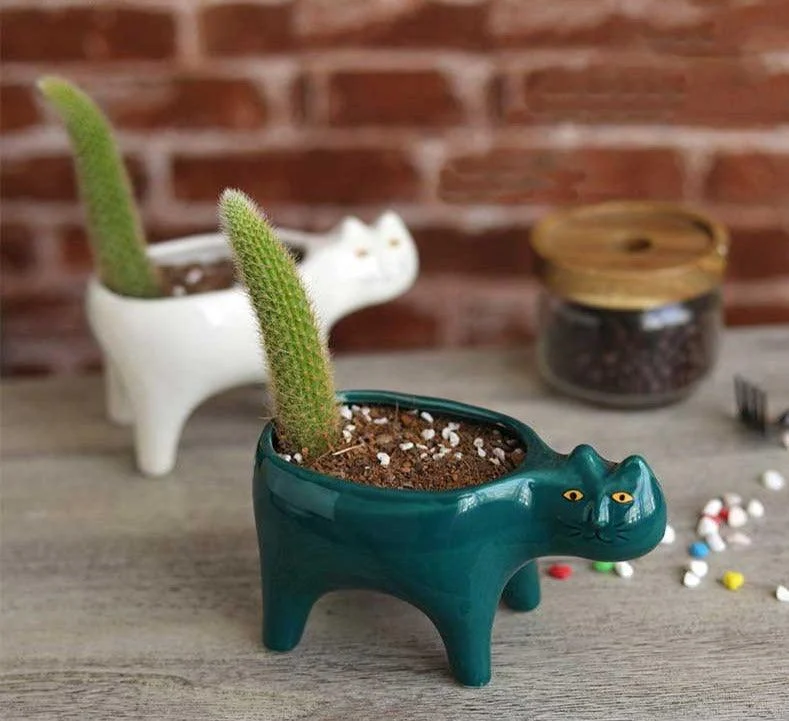 Cute Succulent Cactus Ceramic Cat Vase Planter Pot -