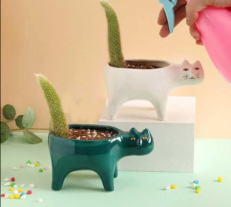 Cute Succulent Cactus Ceramic Cat Vase Planter Pot -