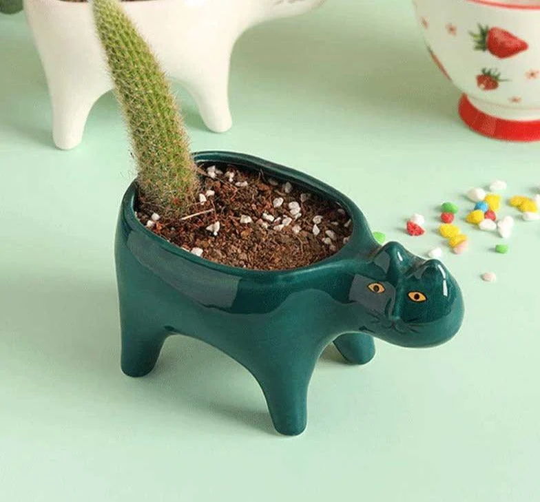 Cute Succulent Cactus Ceramic Cat Vase Planter Pot -