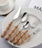 Cutlery Set Natural Bamboo Handle 304 Stainless Steel Silver tag1