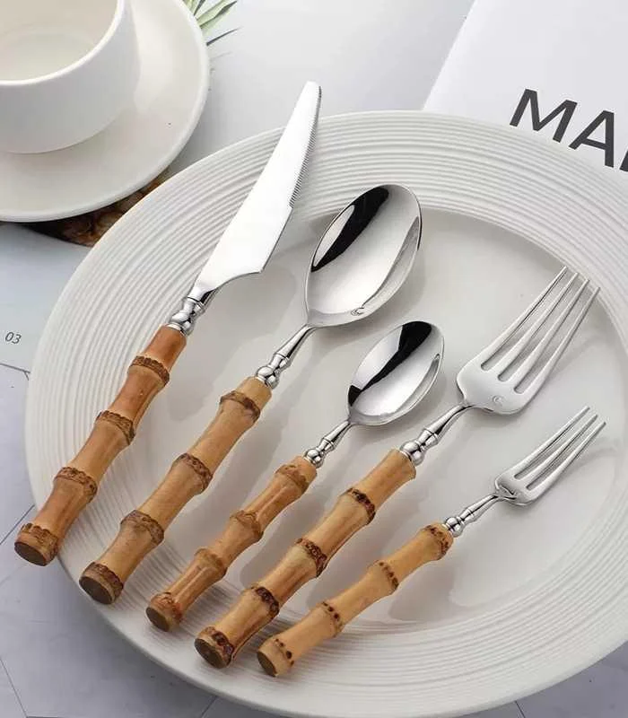 Cutlery Set Natural Bamboo Handle 304 Stainless Steel Silver -  - #tag1#
