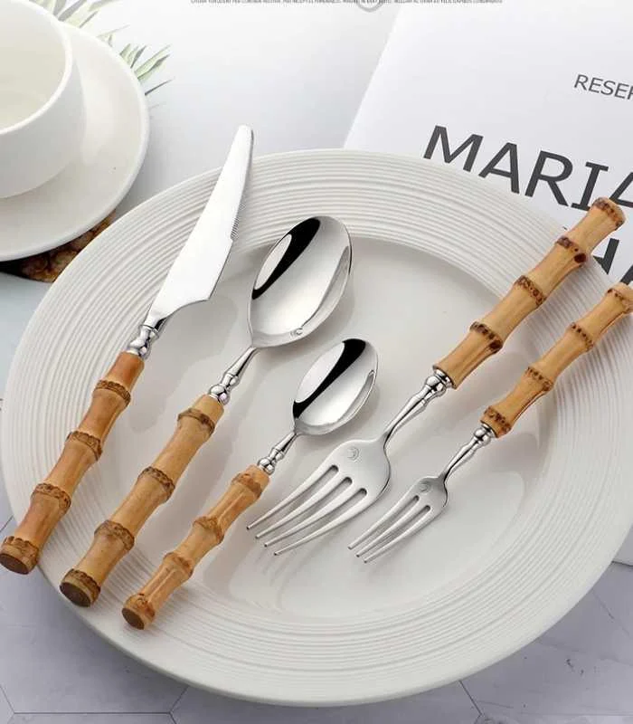 Cutlery Set Natural Bamboo Handle 304 Stainless Steel Silver -  - #tag1#