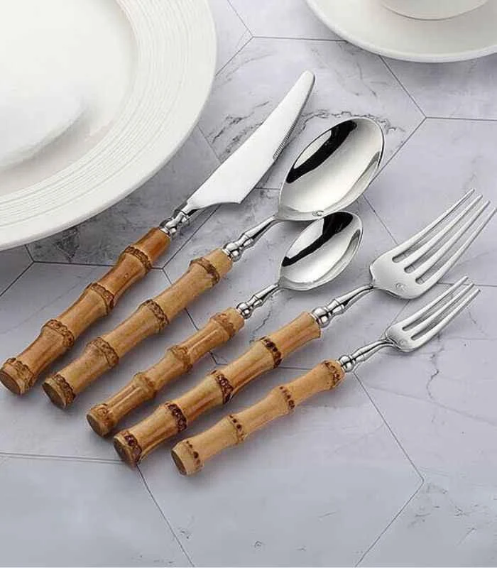 Cutlery Set Natural Bamboo Handle 304 Stainless Steel Silver -  - #tag1#
