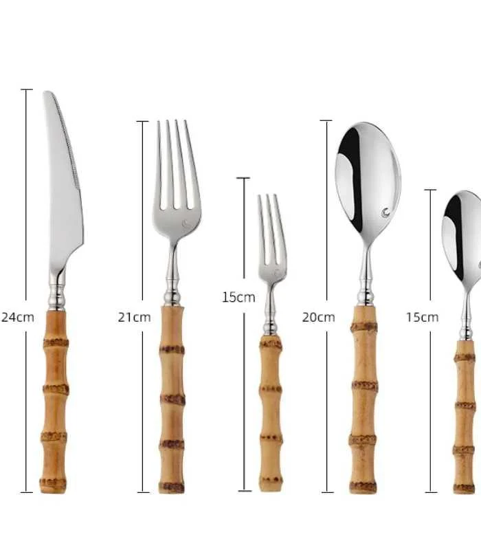 Cutlery Set Natural Bamboo Handle 304 Stainless Steel Silver -  - #tag1#