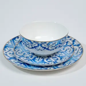 Ozarke's Blue and White with Gold Rim Plate Set