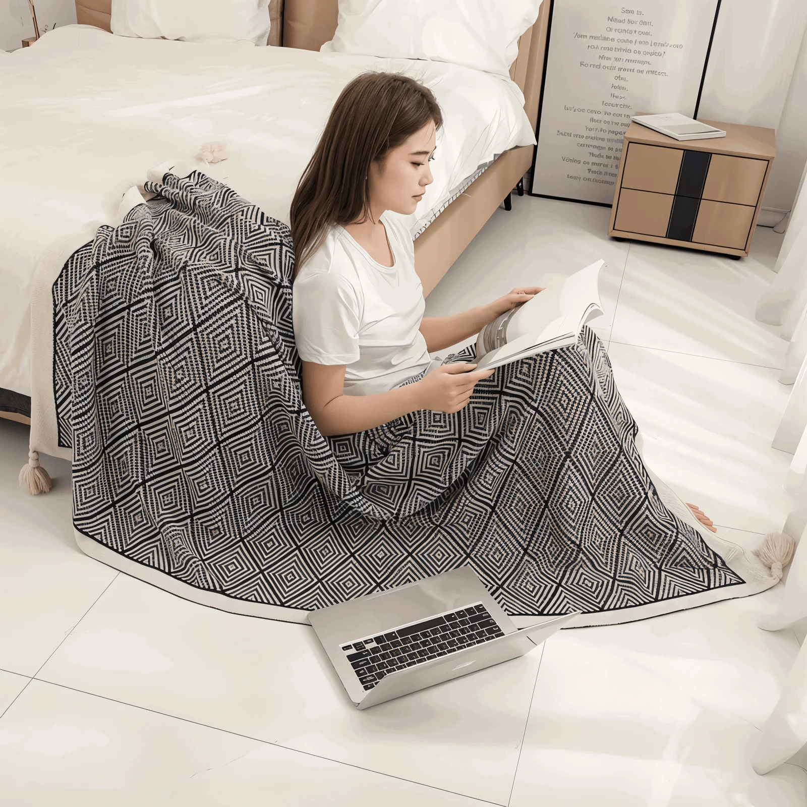 DecoDiamond Plaid - Black White Geometric Polyester Fleece Blanket -  - #tag1#