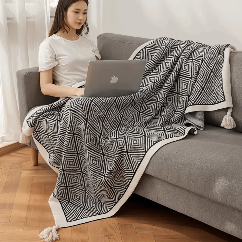 DecoDiamond Plaid Black White Geometric Polyester Fleece Blanket tag1