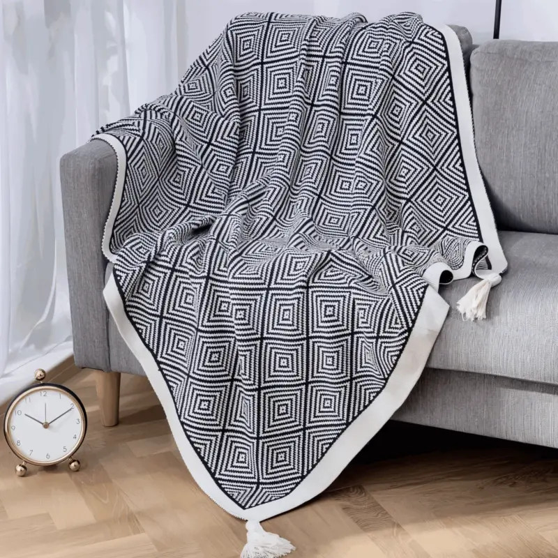 DecoDiamond Plaid Black White Geometric Polyester Fleece Blanket tag1