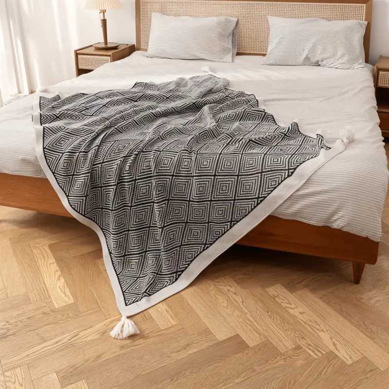 DecoDiamond Plaid Black White Geometric Polyester Fleece Blanket tag1