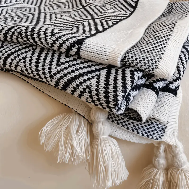 DecoDiamond Plaid Black White Geometric Polyester Fleece Blanket tag1