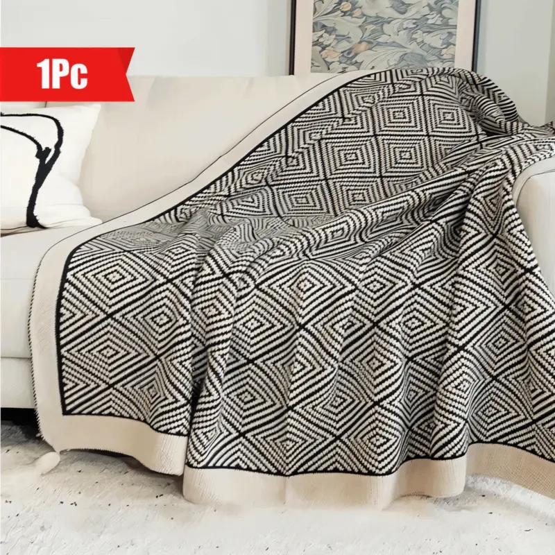 DecoDiamond Plaid Black White Geometric Polyester Fleece Blanket tag1