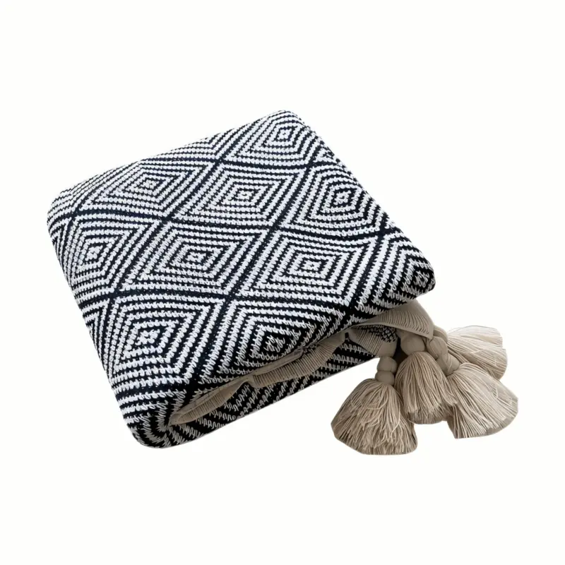 DecoDiamond Plaid Black White Geometric Polyester Fleece Blanket tag1