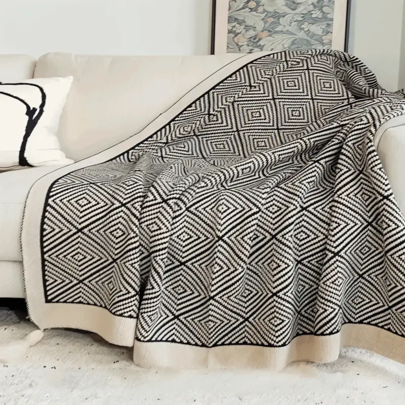 DecoDiamond Plaid Black White Geometric Polyester Fleece Blanket tag1