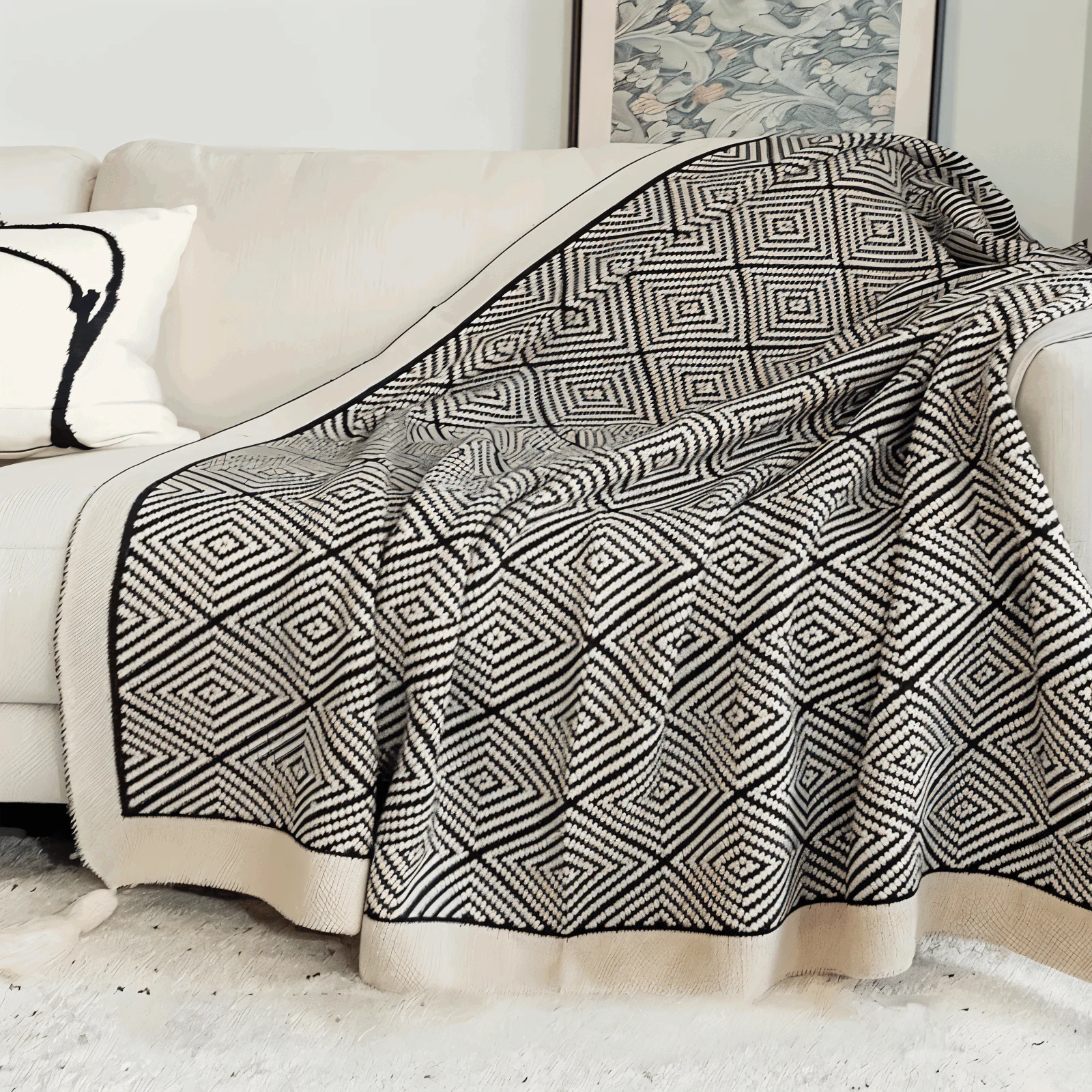 DecoDiamond Plaid - Black White Geometric Polyester Fleece Blanket -  - #tag1#