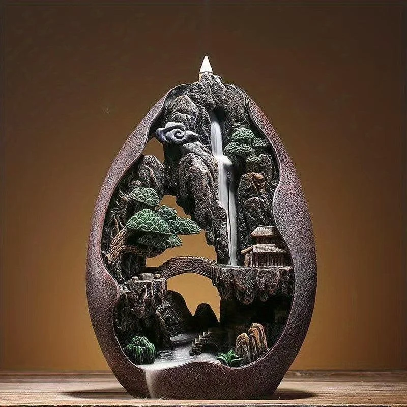 Decor Mountains And Flowing Water Backflow Incense Burner, Creative Smoke Waterfall Incense Cones Holder -  - #tag1#