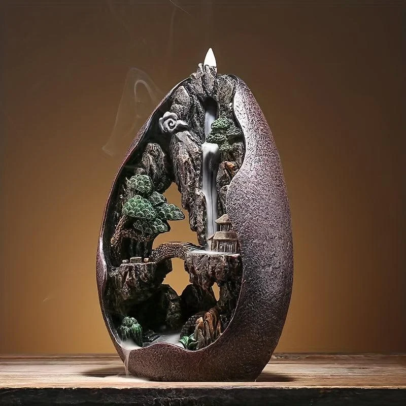 Decor Mountains And Flowing Water Backflow Incense Burner, Creative Smoke Waterfall Incense Cones Holder -  - #tag1#